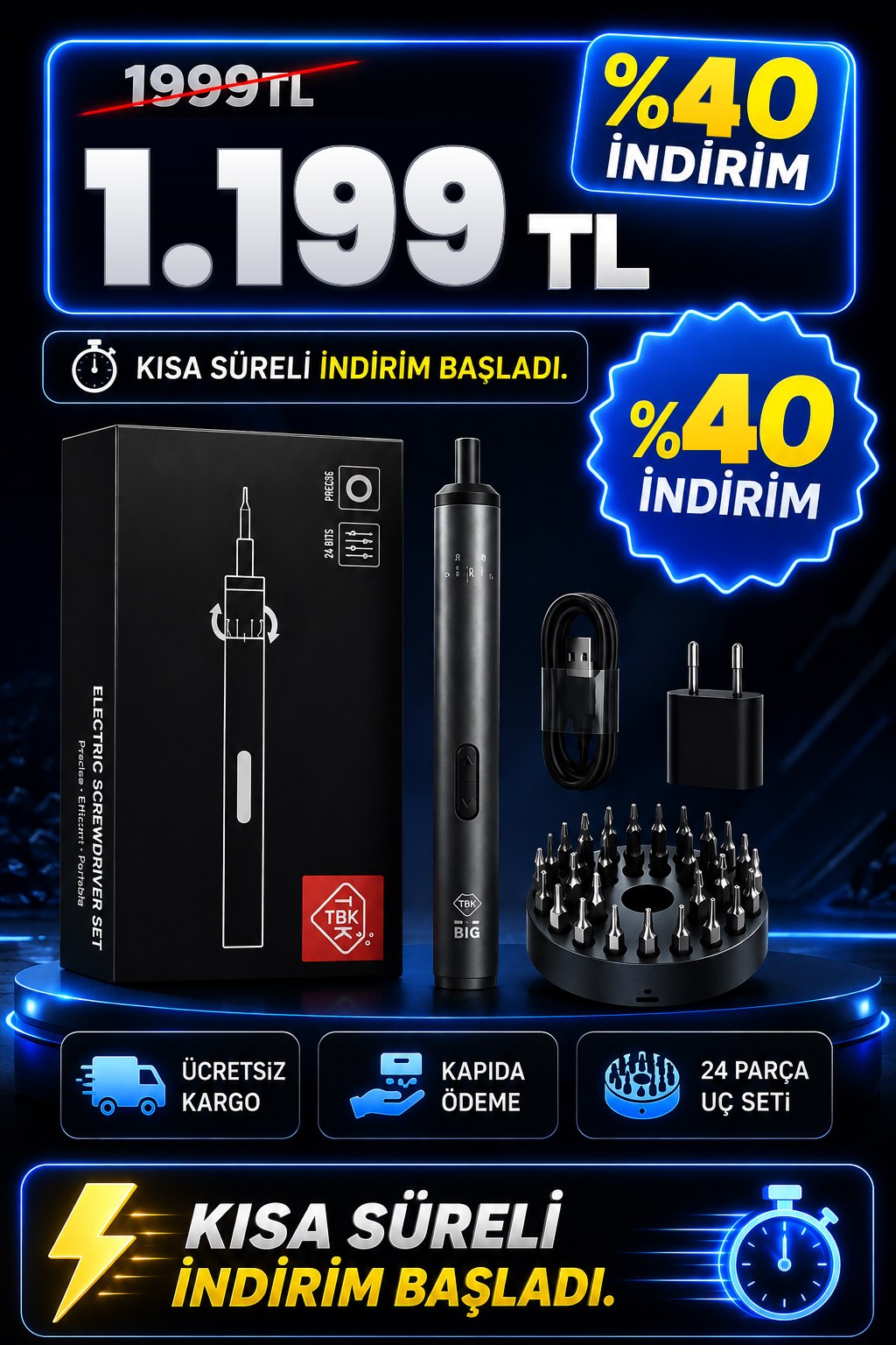 Akıllı Tornavida — kutu içeriği: tornavida, 24 parça uç seti, USB-C kablo ve adaptör