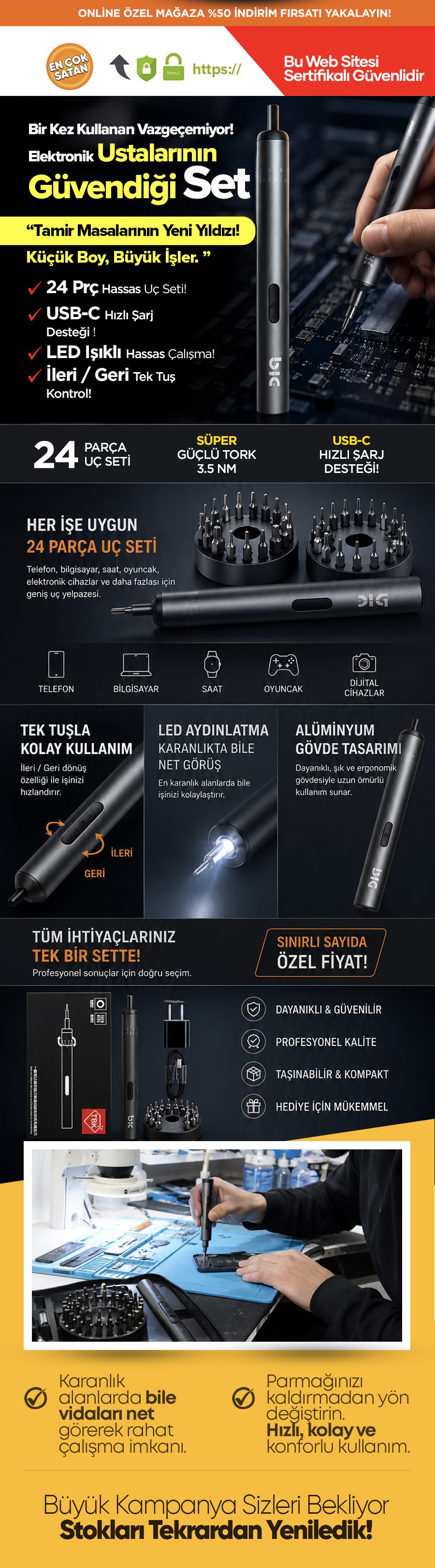 Akıllı Tornavida — özellikler: 24 parça uç seti, 3.5 Nm tork, USB-C şarj, LED ışık, alüminyum gövde